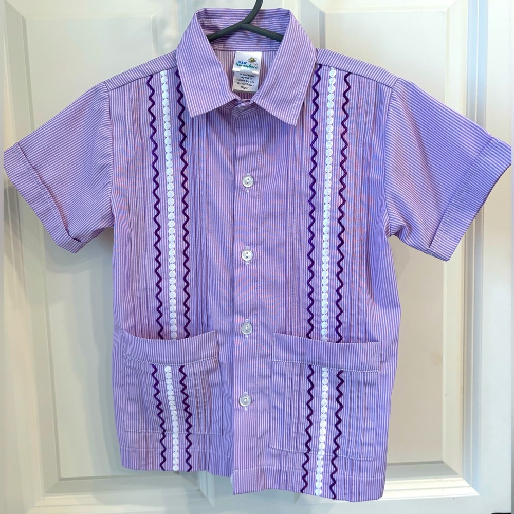 Boys Six Honeybees Purple and White Guayabera. 4T.